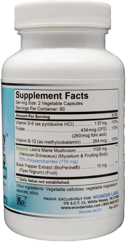 Lions Mane Mushroom 1100mg Mycelium & Fruting Body - Nutritionally Supports Memory and Brain Function Plus Essential B-Complex for Energy - 120 Capsules