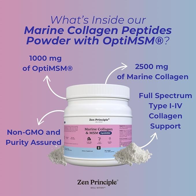 Zen Principle Marine Collagen Peptides Powder with OptiMSM® Supplement. Clinically Tested for Skin Support. Wild-Caught Fish, Non-GMO. Container 16 oz