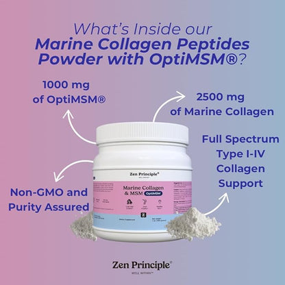 Zen Principle Marine Collagen Peptides Powder with OptiMSM® Supplement. Clinically Tested for Skin Support. Wild-Caught Fish, Non-GMO. Container 16 oz
