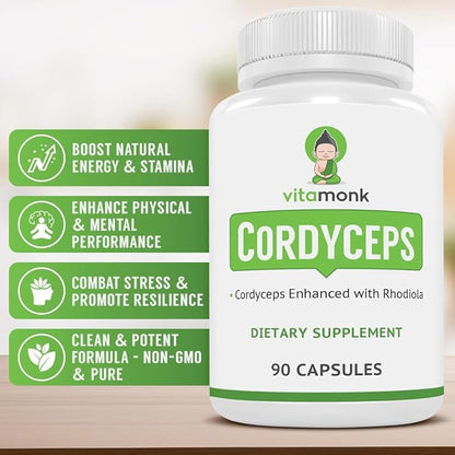 VitaMonk Cordyceps Mushroom Capsules with Rhodiola, 2 Grams of Cordyceps Mushroom Enhanced with Rhodiola - Boost Energy, Fight Stress, Enhance Performance, Non-GMO - 2000mg - 90 Caps