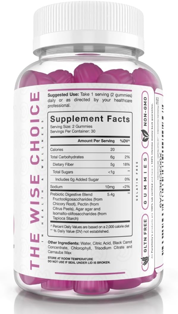 Fiber Gummies for Adults with Inulin FOS from Chicory Root, Sugar Free Prebiotic Supplement for Daily Digestion & Constipation Support – Non-GMO, Vegan, 60 Count