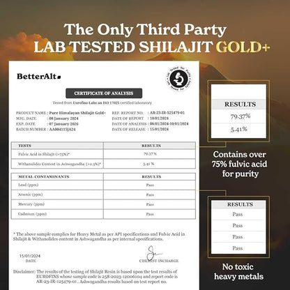 Pure Himalayan Shilajit Gold+ (Pack of 2) 60 gm| Enhances Recovery & Boosts Strength| 16,000 ft Sourced Blend with Ashwagandha, Safed Musli, Gokshura| Vegan & Lab Tested -600mg