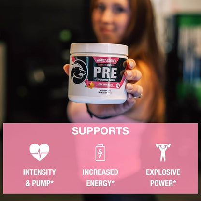Honey Badger Pre Workout Powder, Keto Vegan Preworkout for Men & Women, Beta Alanine & Caffeine, Sugar Free Natural Energy Supplement, Pink Lemonade, 30 Servings