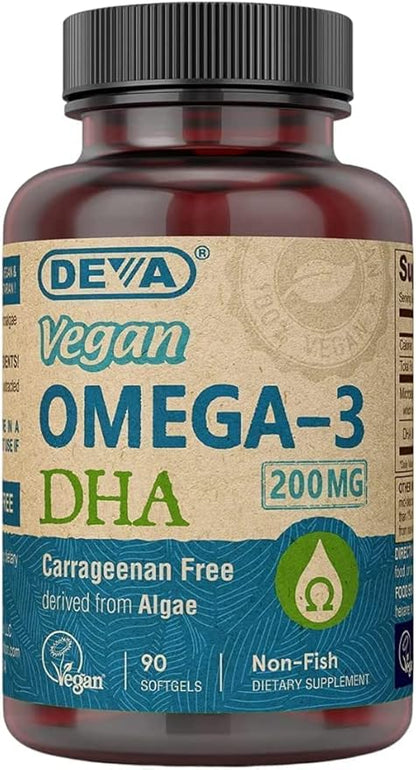 DEVA Vegan Omega-3 DHA Supplement - Once-Per-Day Softgels 200 MG - Carrageenan Free - Gelatin Free - Non-Fish - Algae Oil Omega-3 Fatty Acids - 90 Softgels (Pack of 2)