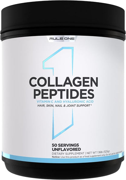 Rule 1 Collagen Peptides Powder - Hydrolyzed Bovine Collagen, Hyaluronic Acid, and Vitamin C. Supports Hair, Skin, & Nails (50 Servings, Unflavored)