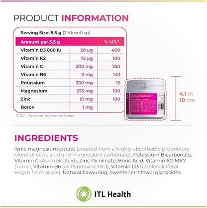 Magnesium | ITL Health | Bone Support Formula | Ionic Magnesium Citrate | Zinc | Vitamin C, B6, D3, K2 | Boron | Potassium | Exotic Lemon | 180g Powder for Optimal Health