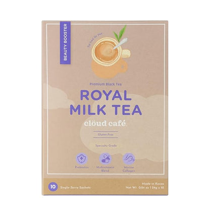 Collagen Infused Royal Milk Tea Instant Tea Powder - Probiotics for Digestive Health, Multivitamin Powder, & Marine Collagen Instant Tea (10 Sachets)