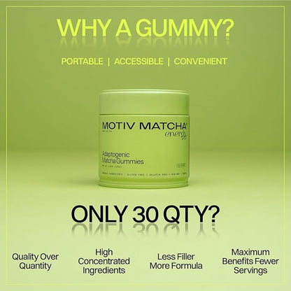 Motiv- Organic Matcha & Mushrooms Gummies, 300 MG Concentrate Matcha Green Tea Natural Energy, Mushroom Blend | Improve Brain Function, Immune Support, Gut Health, Reduce Stress - Vegan, Non-GMO