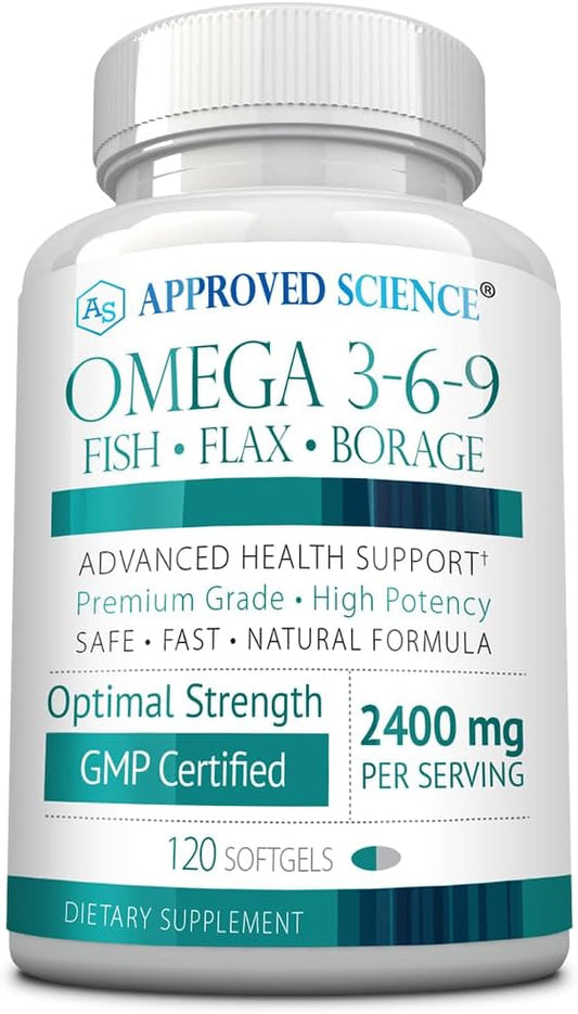 Approved Science Omega 3-6-9-2400mg Daily Blend of Fish, Flaxseed, and Borage Oils with Vitamin E - Wellness Support - Non-GMO, Mercury-Free - 120 Softgels - 2 Month Supply