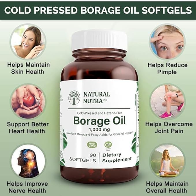 Natural Nutra Borage Oil, Maintain Skin Health, Support Better Heart Health, Improves Nerve Health, Help Overcome Joint paint, Help Reduce Pimple, Omega 6 Essential Fatty Acids Supplement 90 Softgels.