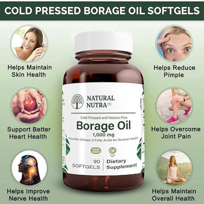 Natural Nutra Borage Oil, Maintain Skin Health, Support Better Heart Health, Improves Nerve Health, Help Overcome Joint paint, Help Reduce Pimple, Omega 6 Essential Fatty Acids Supplement 90 Softgels.