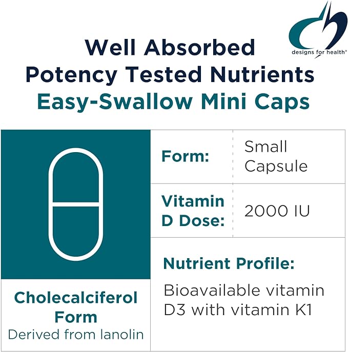 Designs for Health Vitamin D Synergy - 2000 IU Vitamin D with K Supplement - Supports Healthy Moods, Bone Health + Immune Health for Adults - VIT D3 + Vitamin K - Gluten Free + Non-GMO (120 Capsules)
