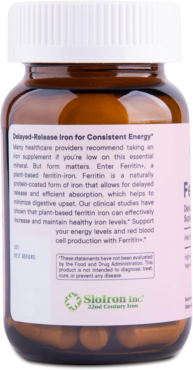 Flora Ferritin+ Delayed-Release Iron Supplement - Plant-Based Iron Supplement - Blood Cell & Energy Support - Vegan & Gluten-Free - Amber Glass Bottle - 60 Vegan Capsules