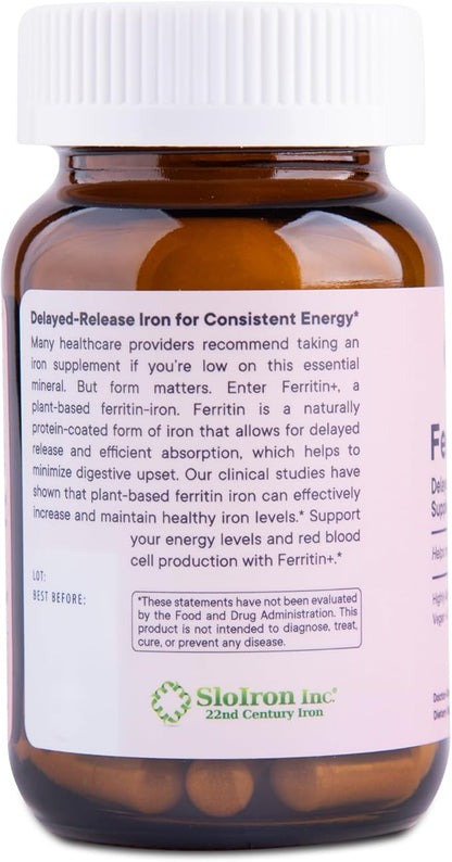 Flora Ferritin+ Delayed-Release Iron Supplement - Plant-Based Iron Supplement - Blood Cell & Energy Support - Vegan & Gluten-Free - Amber Glass Bottle - 60 Vegan Capsules