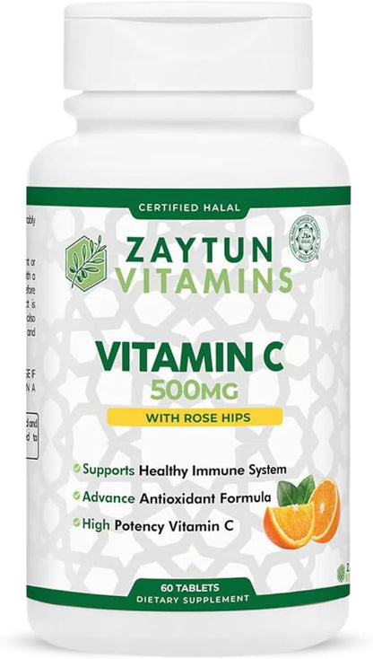 Halal Vitamin C 500mg Tablets with Rose HIPS Supports Immune System, Natural Antioxidant with Citrus Bioflavonoids - Vegan - Gluten-Free - 2 Months Supply - Halal Vitamins