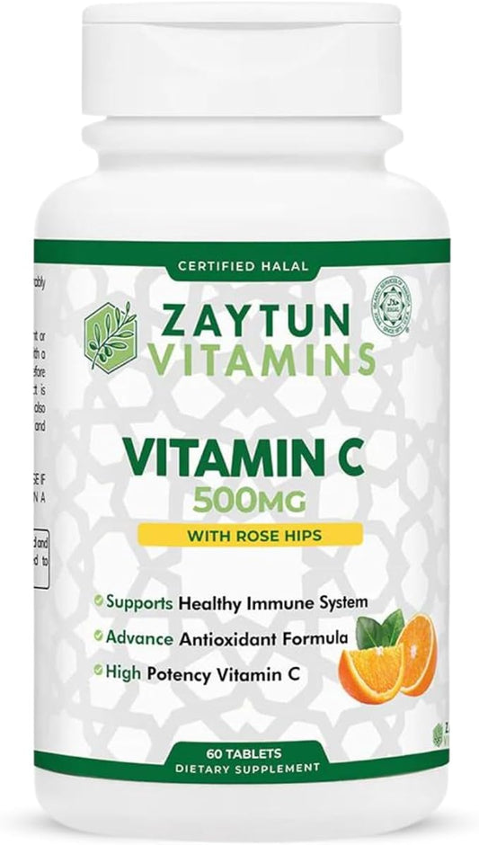 Halal Vitamin C 500mg Tablets with Rose HIPS Supports Immune System, Natural Antioxidant with Citrus Bioflavonoids - Vegan - Gluten-Free - 2 Months Supply - Halal Vitamins