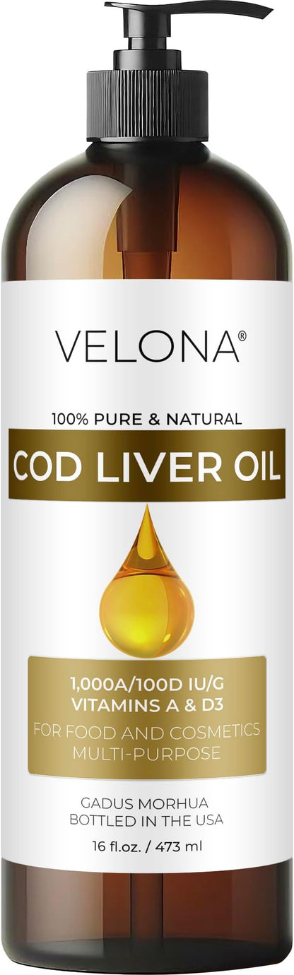 velona Cod Liver Oil - 16 Fl Oz | 1,000A/100D IU/g Omega 3 Vitamins A & D3 | Norwegian Arctic Sustainably Sourced Nordic Oil | Hair, Body and Skin Care | Use Today - Enjoy Results