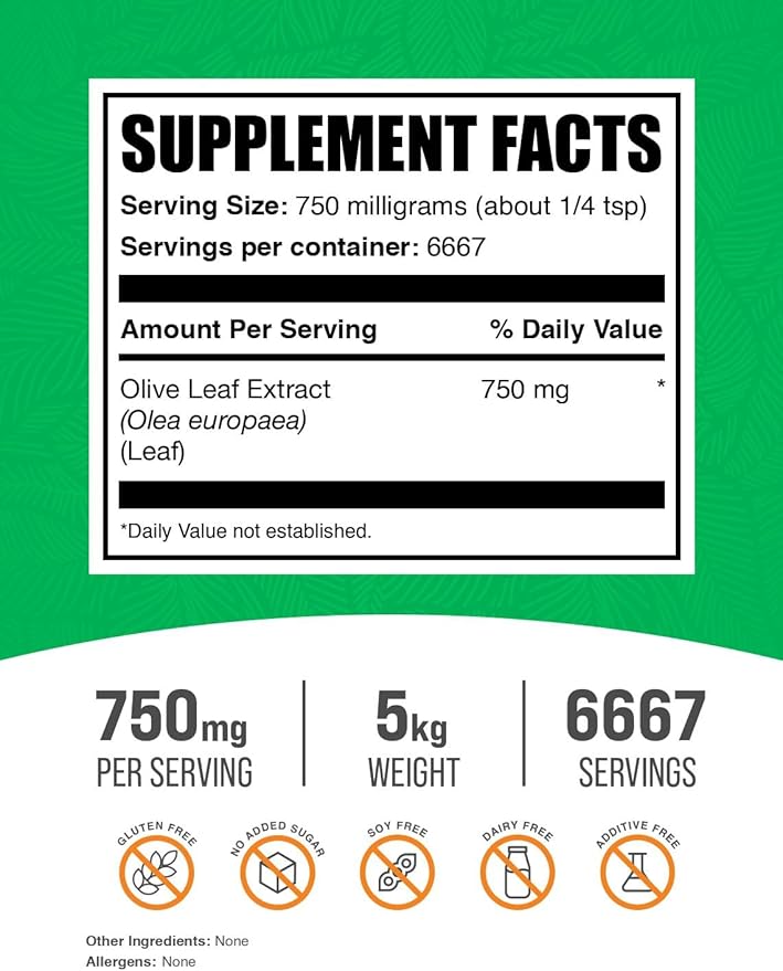 BulkSupplements.com Olive Leaf Extract Powder - Herbal Supplement, Antioxidant Source, Olive Leaf Powder - Gluten Free, 750mg per Serving, 5kg (11 lbs) (Pack of 5)