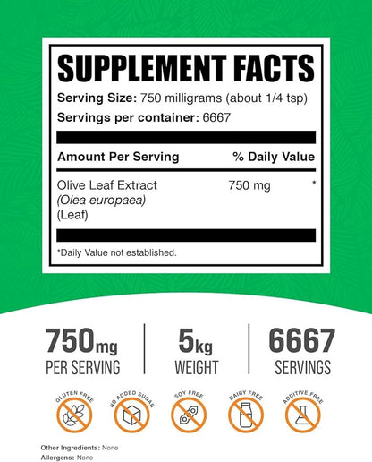 BulkSupplements.com Olive Leaf Extract Powder - Herbal Supplement, Antioxidant Source, Olive Leaf Powder - Gluten Free, 750mg per Serving, 5kg (11 lbs) (Pack of 5)