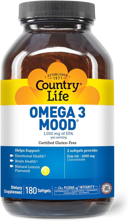 Country Life Omega 3 Fish Oil Supplement - High Concentration EPA and DHA Omega 3 Fatty Acids - 2000mg Fish Oil for Emotional Health, Mood Support, and No Fish Taste - Natural Lemon Flavor
