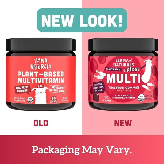 Llama Naturals Kids Multivitamin Gummies, Vegan, Organic with Vitamin D, C & K, Toddler Real Fruit Gummy Vitamins, Chewable Supplement, Whole Food Multivitamin, No Added Sugar Cane, Cherry, 90 Ct