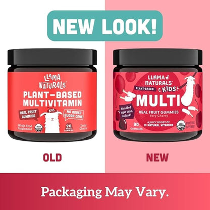 Llama Naturals Kids Multivitamin Gummies, Vegan, Organic with Vitamin D, C & K, Toddler Real Fruit Gummy Vitamins, Chewable Supplement, Whole Food Multivitamin, No Added Sugar Cane, Cherry, 90 Ct