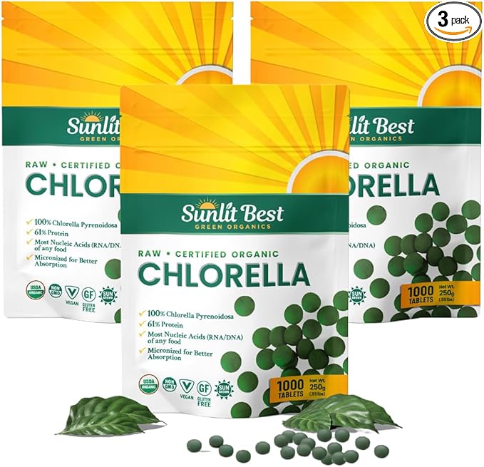 Chlorella Tablets Mega-Pack 1000 Tablets Cracked Cell, Raw, Non-GMO. 100% Pure Chlorella Pyrensoidosa. Green Superfood. High Protein, Chlorophyll & Nucleic acids. No preservatives or fillers - 3-Pack