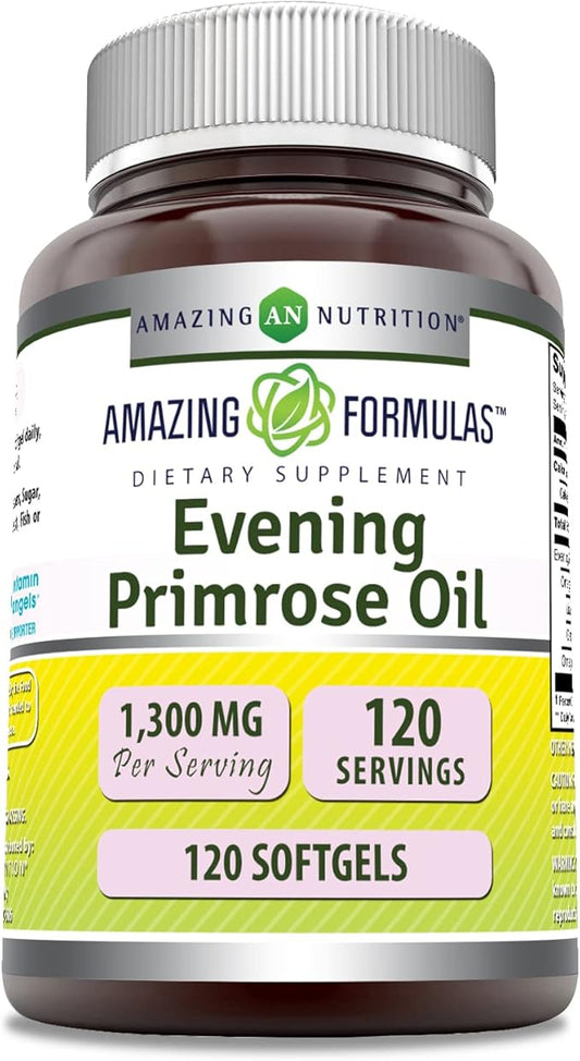Amazing Formulas Evening Primrose Oil 1300mg, 10% GLA, Softgels Supplement | Hexane Free Cold Pressed Oil | Non-GMO | Gluten Free (120 Count)