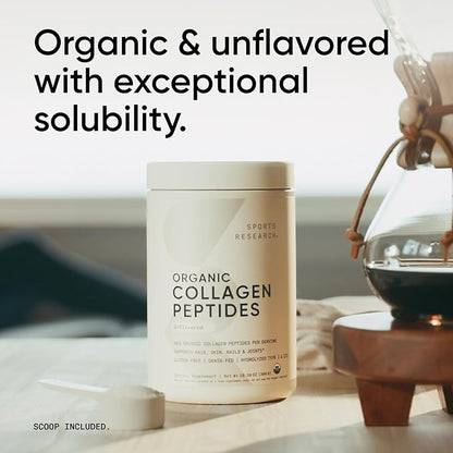 Sports Research® Organic Collagen Peptides - Hydrolyzed Type I & III Collagen Protein Powder Sustainably Sourced from Grass-Fed Bovine - Unflavored, Organic Certified & Gluten Free - 30 Servings