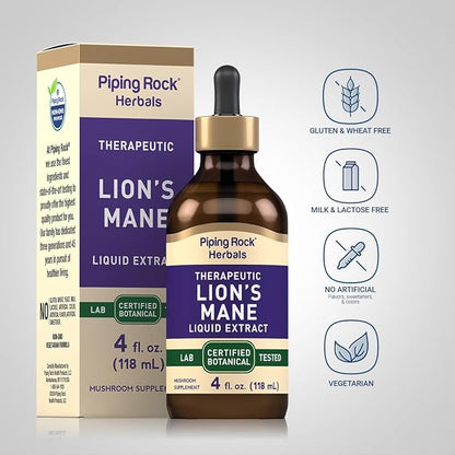 Piping Rock Lions Mane Mushroom Liquid Extract | 4 Fl Oz | Alcohol Free, Vegetarian Supplement | Non-GMO, Gluten Free Tincture