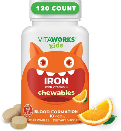 Kids Iron 10mg with Vitamin C 50mg Chewable Tablets - Tasty Natural Flavored - Vegan, Vegetarian, GMO-Free, Nut Free - Dietary Iron Supplement - Blood Formation for Children - 120 Chewables
