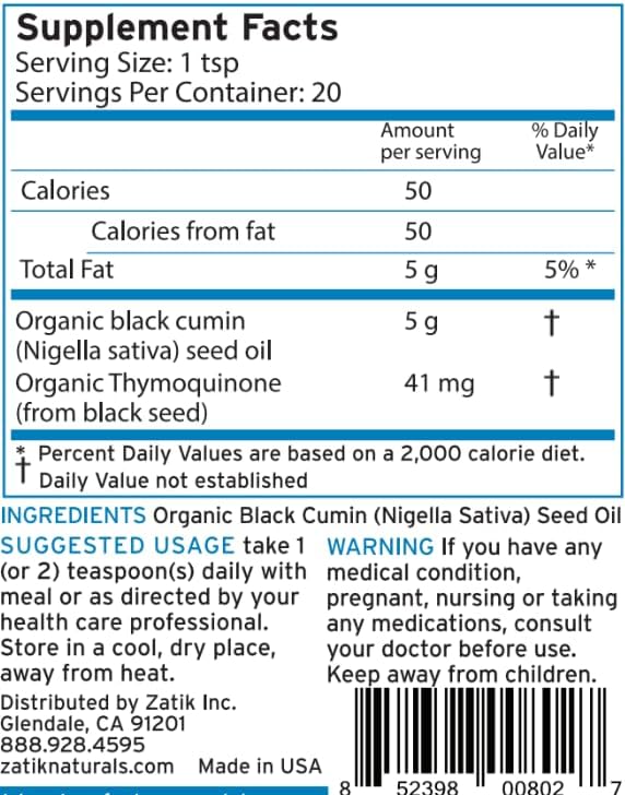 Zatik Naturals - Black Seed Oil, Unrefined Organic Cold Pressed Oil, Higher EFAs, Serving Natural Immune Booster and All-Natural Defense Mechanism. 3.38 fl oz