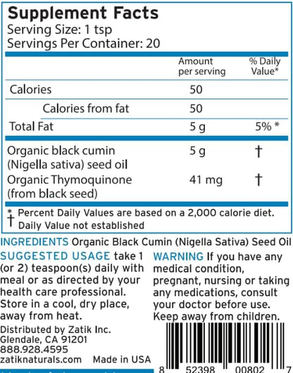 Zatik Naturals - Black Seed Oil, Unrefined Organic Cold Pressed Oil, Higher EFAs, Serving Natural Immune Booster and All-Natural Defense Mechanism. 3.38 fl oz