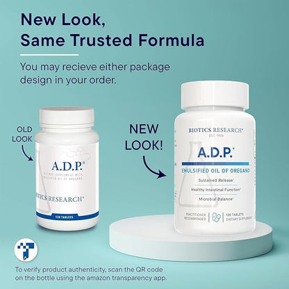 Biotics Research A.D.P.- Emulsified Oil of Oregano -Patented Formula, Wild Oregano Oil 50mg/S- Highly Concentrated Carvacrol - Sustained Release for High Absorption, GI Health –120 Tablets