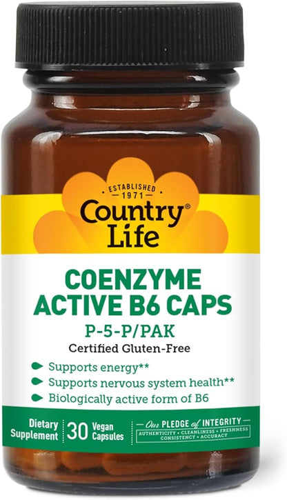 Country Life Coenzyme Active B-6, 50mg Vitamin B6-30 Vegetarian Capsules - Supports Energy, Nervous & Immune Systems - 25mg P-5-P Vitamin B6 - Certified Gluten Free, Vegan - No Artificial Additives