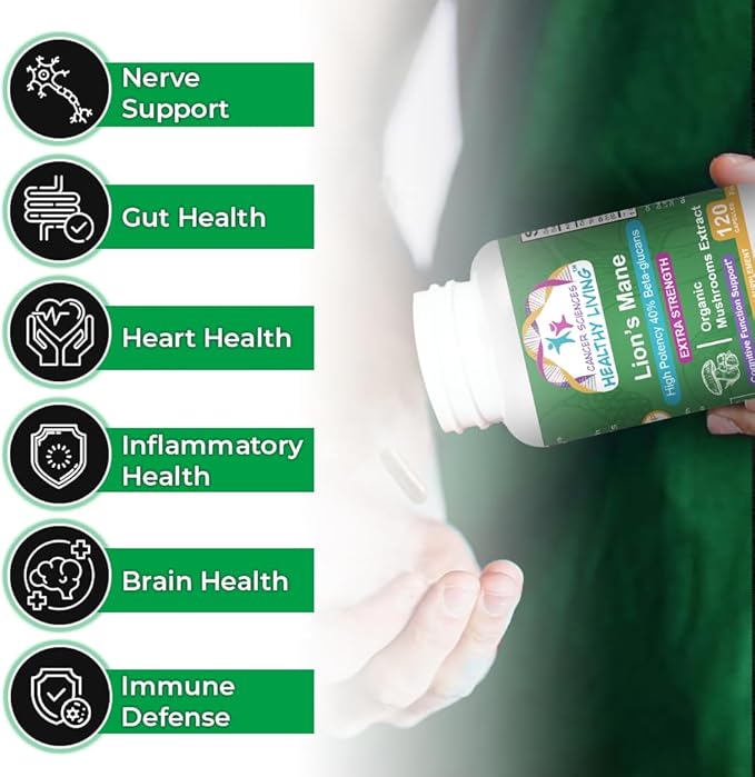 CANCER SCIENCES Lion’s Mane Wellness Mushroom Supplement Capsules, USDA Certified Organic Mushroom Extract, Extra Strength 1,500 mg, High Potency 40% Beta-Glucans, Focus & Memory Support, 120 Capsules