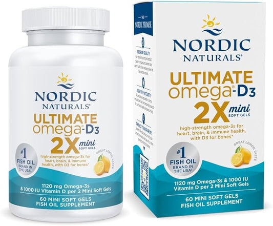 Nordic Naturals Ultimate Omega 2X Mini D3, Lemon Flavor - 60 Mini Soft Gels - 1120 mg Omega-3 + 1000 IU Vitamin D3 - EPA & DHA - Promotes Brain & Heart Health - 30 Servings