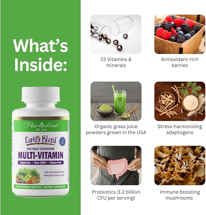 Paradise Herbs Earth's Blend Once Daily Multivitamin for Men, No Iron, 48 Organic Superfoods, Probiotics, and Vitamins A, B12, C, D, K2, 60 Count