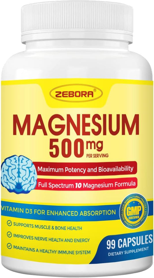 ZEBORA Magnesium Complex Supplement 500mg, 10 in 1 Chelated Magnesium - Magnesium Glycinate, Citrate, Malate, Plus More, with Vitamin D3 & Zinc for Nerve, Muscle & Bone Support, Vegan 99 Capsules