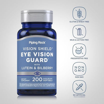Piping Rock Lutein and Zeaxanthin Supplements | 200 Softgels | with Bilberry Extract | Eye Vision Vitamin | Non-GMO, Gluten Free