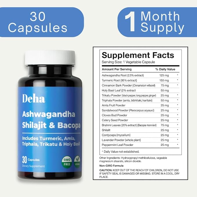 Ashwagandha Shilajit Bacopa Capsules Stress Support, Cognitive Support, Digestive Health with Turmeric, Amla & Triphala – GMP Certified, Non-GMO, Vegan – 30 Count