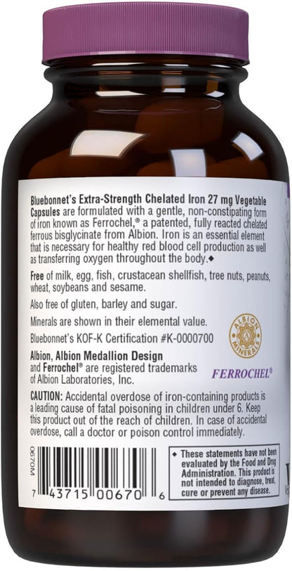 Bluebonnet Nutrition Albion Extra-Strength Chelated Iron 27 mg, For Healthy Red Blood Cell production*, Soy-Free, Gluten-Free, Non-GMO, Kosher, Dairy-Free, Vegan, 90 Vegetable Capsule, 90 Serving