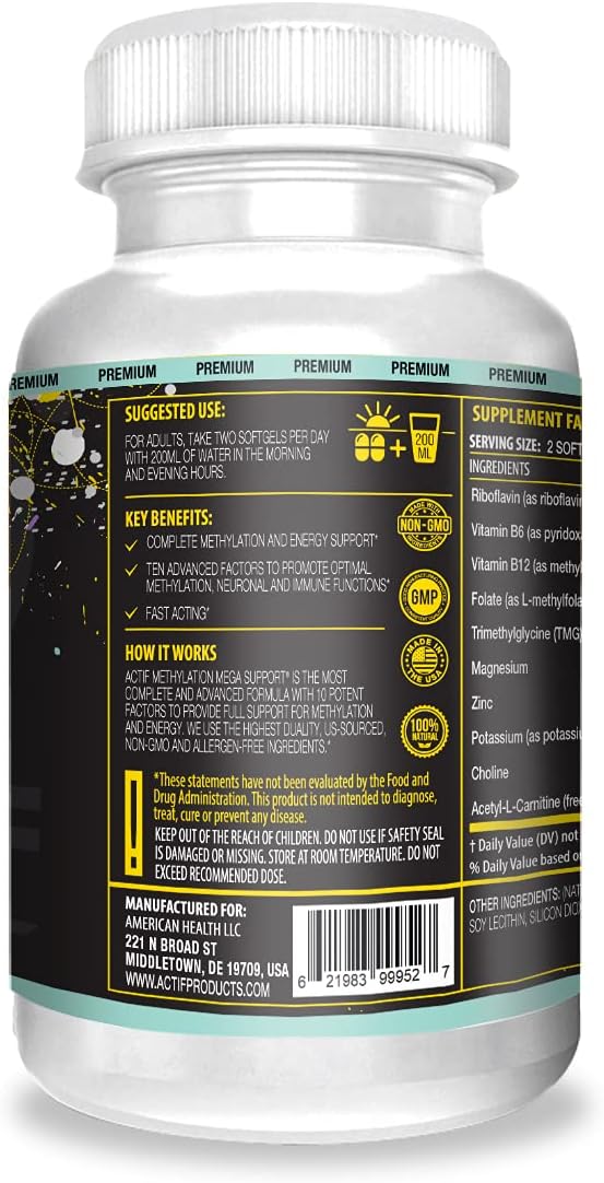 ACTIF Methylation Mega Support with 10 Advanced Factors and Organic Folate – 100% Natural, Non-GMO, 90 Count, Sterile 4 oz