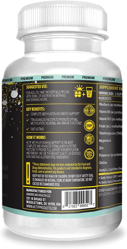 ACTIF Methylation Mega Support with 10 Advanced Factors and Organic Folate – 100% Natural, Non-GMO, 90 Count, Sterile 4 oz