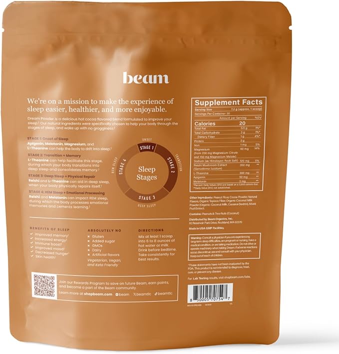 Beam Dream Sleep Powder, Natural Sleep Aid and Magnesium Hot Cocoa Drink for Adults, Calming Sleep Supplement with Apigenin, Nighttime Sleep Drink Powder, Third Party Tested Supplement, 30 Servings