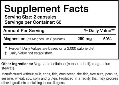 Researched Nutritionals Magnesium Glycinate Capsules - 125mg High Absorption Magnesium Glycinate Supplement to Support Healthy Bones and Energy Production - Vegan & Non-GMO (120 Capsules)