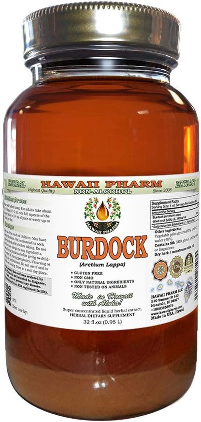 Burdock Alcohol-Free Liquid Extract, Organic Burdock (Arctium Lappa) Dried Root Glycerite Hawaii Pharm Natural Herbal Supplement 32 oz Unfiltered