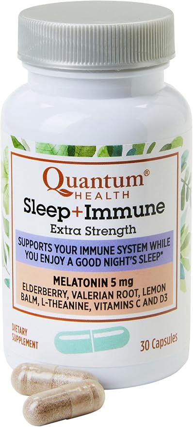 Quantum Health Sleep Immune Melatonin 5mg Support Supplement L Theanine Valerian Root + Elderberry Vitamin C & D Immunity Boost Daily Whole Body Wellness for Women & Men - 30 Capsules