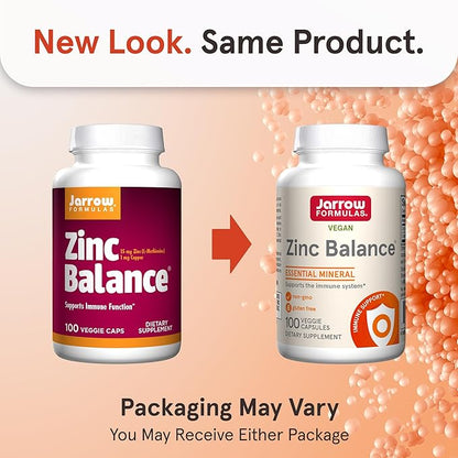 Jarrow Formulas Zinc Balance 15 mg - 100 Servings (Veggie Caps) Includes Copper Essential Mineral for Immune System Support - Immune Support Supp - Gluten Free Zinc Copper Supp - Vegan, Pack of 12