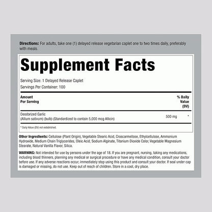 Lindberg Garlic Supplement 5000mg | 100 Caplets | High Allicin Odorless Garlic | Non-GMO, Gluten Free